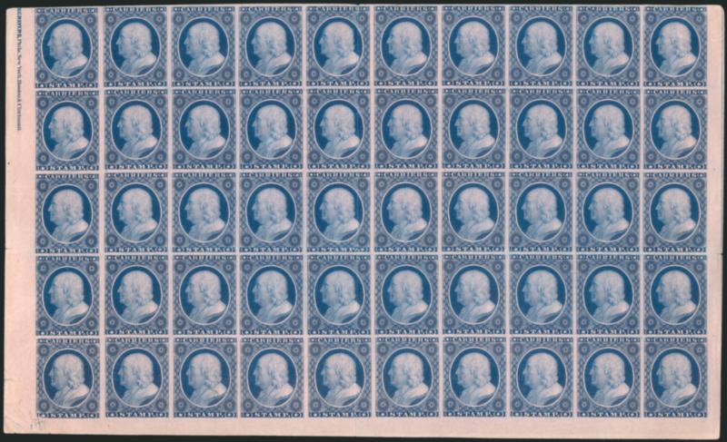 (1c) Blue on Rose, Franklin Carrier Reprint (LO3).> Block of 50, the bottom half of left pane from the Group III printing, with part of <Toppan Carpenter imprint> in upper left sheet margin and <corner plate
crack> at bottom left, few flaws to be exp