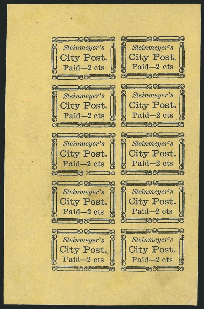 Steinmeyers City Post, Charleston S.C., 2c Black on Yellow (4LB21).> Complete sheet of ten, unused (no gum), faint stains on three stamps, otherwise Extremely Fine, very scarce