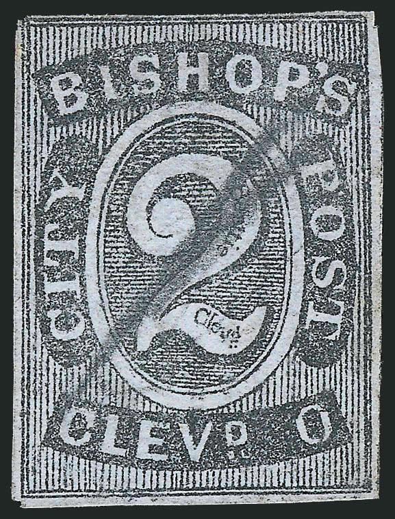 Bishops City Post, Cleveland O., 2c Black on Bluish Laid (10LB2).> Full margins to clear along top, pencil  cancel, clear impression<><>^VERY FINE. THE FINEST EXAMPLE OF THIS CARRIER RARITY AMONG THE THREE
SINGLES AND ONE PAIR KNOWN TO US.^<><