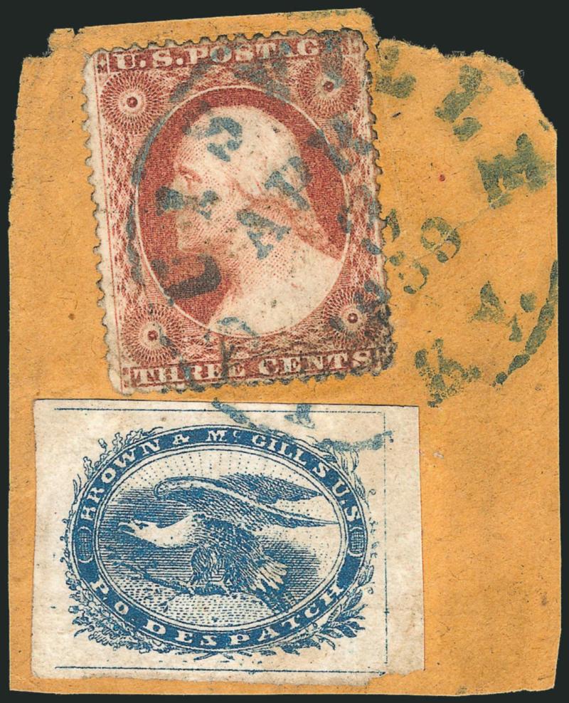 Brown & McGills U.S.P.O. Despatch, Louisville Ky., (2c) Blue (5LB2).> Large to huge margins, used with <3c Dull Red, Ty. III (26),> both tied to orange piece by <blue> Louisville Ky. Apr. 3, 1859 circular
datestamp, the carrier with light diagonal