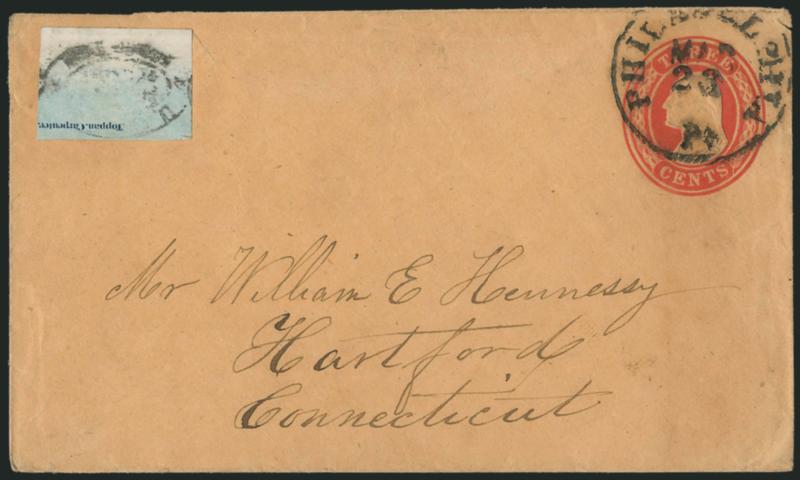 U.S.P.O., Philadelphia Pa., 1c Black (7LB18).> Large margins with <Toppan, Carpenter portion of imprint,> handstamped impression incomplete, uncancelled, used on 3c Red Nesbitt entire to Hartford Conn.,
Philadelphia Pa. Mar. 23 circular datestamp