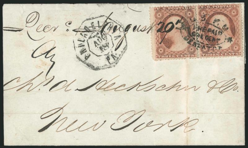 U.S.P.O. DespatchPre-PaidOne Cent.> Double-oval handstamp cancels pair of 3c Dull Red, Ty. II (26) on large part of folded cover to New York City, Philadelphia Pa. Aug. 18 double-octagon datestamp, pair tied
by docketing and vertical file fold, F