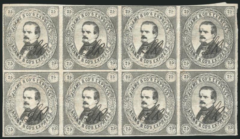 Adams & Co.s Express, Cal., 25c Black, Initials (1L2).> Horizontal block of eight, original gum, clear to large margins, Fine-Very Fine, scarce block, Scott Retail as two blocks of four