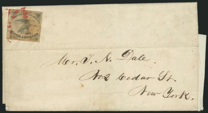 American Letter Mail Co., 5c Black, Thick Paper (5L1).> Large margins, early printing on Thick Paper with brown gum (usual paper saturation), tied by <red oval of stars> cancel on May 1, 1844 folded letter
from Boston to New York City street address,