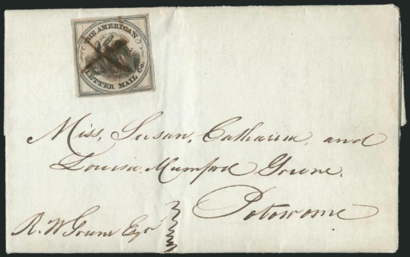 American Letter Mail Co., (5c) Black on Gray (5L2).> Full to ample margins, cancelled by bold ms. X (bleed ties thru paper), used on <August 6, 1844> folded letter from Providence R.I. to Potowome (now
Potowome in East Greenwich R.I.), Extremely Fi