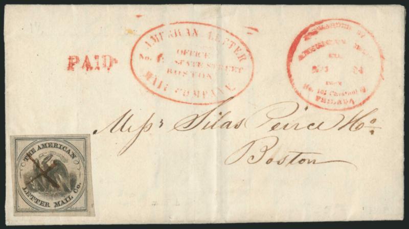American Letter Mail Co., (5c) Black on Gray (5L2).> Large margins, cancelled by small ms. X on folded letter datelined <<Philada. Nov. 2344>> and addressed to Boston, red American Letter Mail Co. handstamps
of Philadelphia and Boston and with m