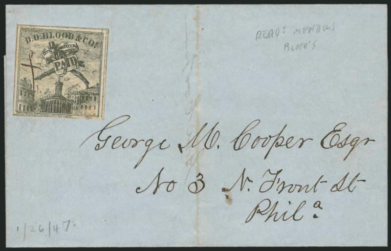 D. O. Blood & Co., Philadelphia Pa., (2c) Black (15L5).> Large margins, ms. X cancel, used on Jan. 26, 1847 folded letter to local street address, contents mentions using Bloods Despatch, Very Fine, ex
Hollowbush, Schwartz and John