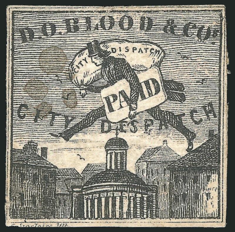 D. O. Blood & Co., Philadelphia Pa., (2c) Black (15L6).> Two, different cancels, one has clear margins and small thin, other slightly in at one side but shows an unusual lithographic plate flaw at upper right,
Fine and scarce, ex Schwartz