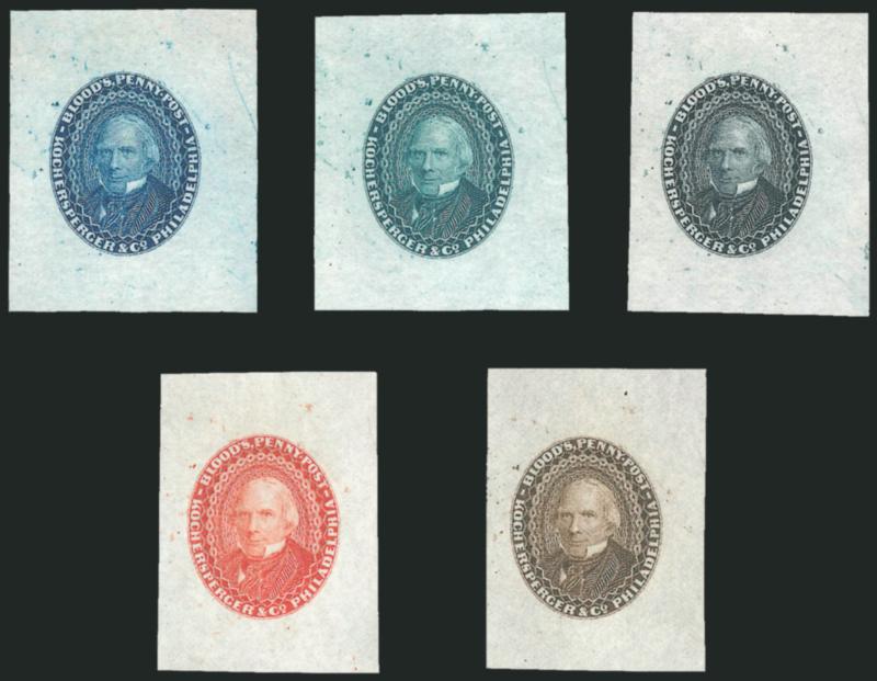Bloods Penny Post, Philadelphia Pa., (1c) Trial Color Plate Proofs on Wove (15L18TC).> Five, incl. Green, Blue, Brown, Scarlet and Black, huge margins throughout, Very Fine and choice