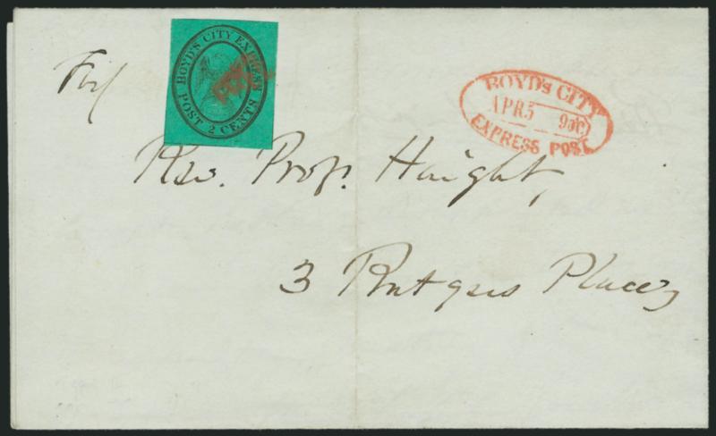 Boyds City Express, New York N.Y., 2c Black on Bluish Green (20L3).> Large margins, intense shade and impression, red Free cancel, impression ties thru paper, matching Boyds City Express Post Apr. 5 9 OC oval
datestamp clearly struck on ca. 18