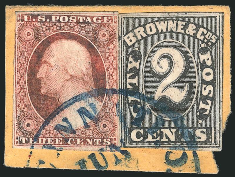Browne & Co.s City Post Office, Cincinnati O., 1c Black, 2c Black (29L1, 29L2).> First is unused (no gum), margins to just in, signed by Sloane, second is used with 3c Dull Red, Ty. II (11A) and tied on small
piece by blue Cincinnati circular datest
