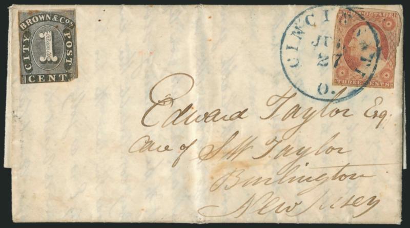 Browne & Co.s City Post Office, Cincinnati O., 1c Black (29L1).> Margins to in, some toning, uncancelled, affixed to 1853 folded letter and used with <3c Dull Red, Ty. II (11A),> margins to in and tied by blue
Cincinnati O. Jul. 27 circular datest