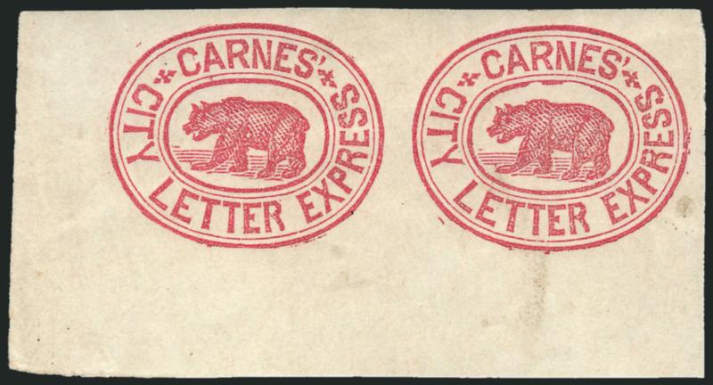 Carnes City Letter Express, San Francisco, (5c) Rose (35L1).> Horizontal pair, huge margins incl. <bottom left corner sheet margins,> bright color, original gum, right stamp tiny gum residue spots, still
Extremely Fine, with 2006 P.F. certificate