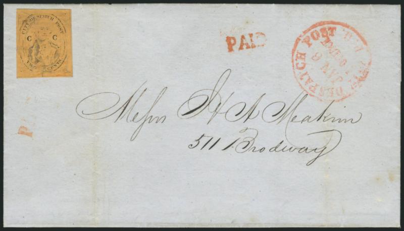 (Coles) Post Office City Despatch, New York N.Y., 2c Black on Buff Glazed, CC at Sides (40L8).> Position 11, repaired, affixed to folded letter and tied by fake four-bar grid cancel, genuine red P.O. City
Despatch Post Jan. 6, 1 OClock circul