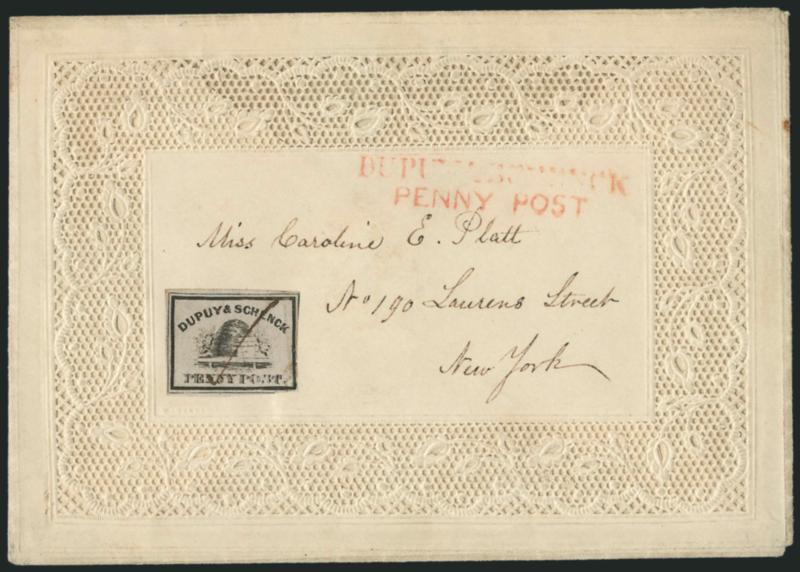 Dupuy & Schenck, New York N.Y., (1c) Black on Gray (60L2).> Two items, first is genuine used stamp added to Valentine with red Dupuy & SchenckPenny Post two-line handstamp with enclosure, second item is a
forgery of No. 60L1 on a cover, Fine refer