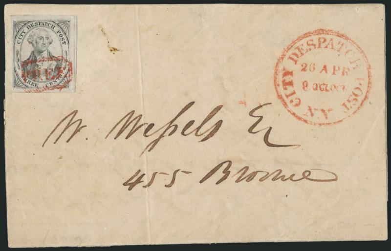 (Greigs) City Despatch Post, New York N.Y., 3c Black on Grayish (40L1).> Large margins to full, bright shade, cancelled by red octagonal Free handstamp, matching City Despatch Post N.Y. 26 Apr. 9 OClock
circular datestamp on locally-addressed 1