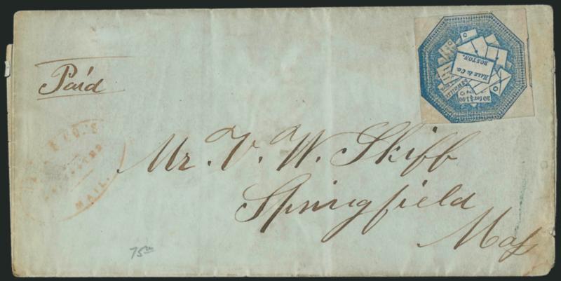 Hale & Co., (5c) Blue, Street Address Omitted (75L5).> Three folded covers from Worcester Mass., first two with No. 75L5 to Springfield Mass., one full margins to close, uncancelled, with red Hale & Co.s
Worcester Mail handstamp, other cut to shap