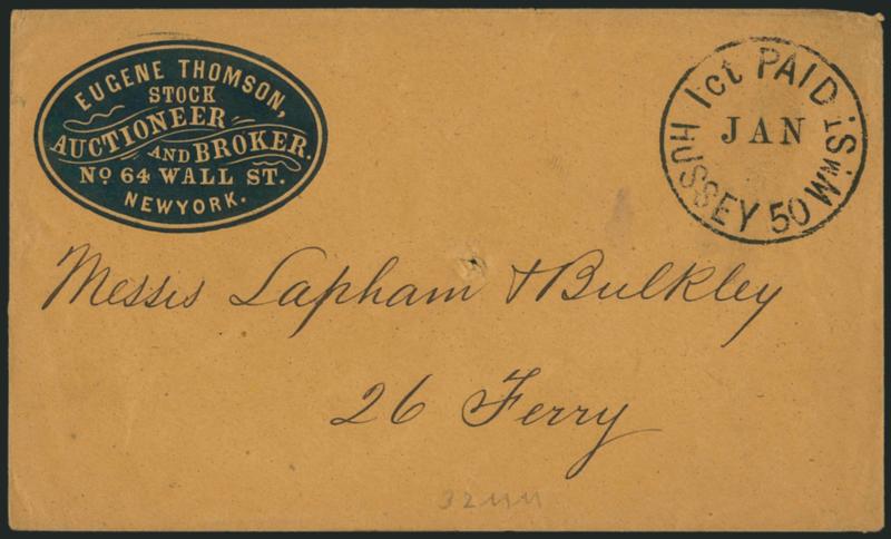 1 Ct. Paid, Hussey 50 Wm. St., Jan.> Circular handstamp with month slug only, boldly struck on auctioneers blue oval cameo corner card cover to local street address, small spindle hole at center, otherwise
Extremely Fine, with 2006 P.F. certificate