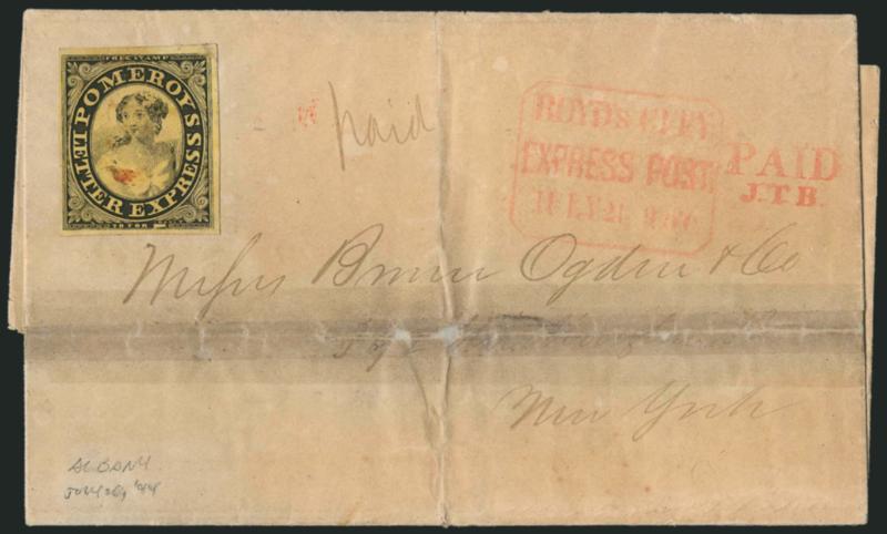 Pomeroys Letter Express, (5c) Black on Yellow, Value Incomplete (117L2).> Ample to large margins, cancelled by faint red Cd. (impression ties thru paper), used on Jul. 20, 1844 folded letter from Albany to New
York City street address, ms. Paid,