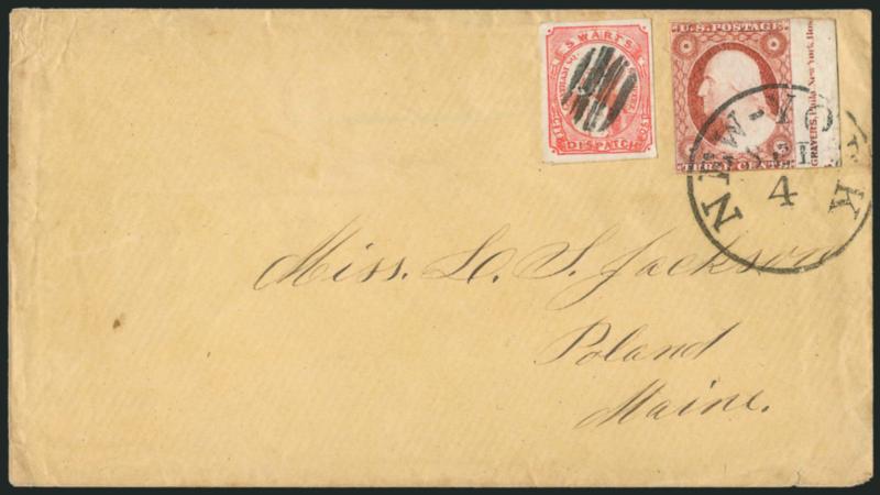 Swarts City Dispatch Post, New York N.Y., (1c) Red on Wove (136L9).> Large margins, used with <3c Dull Red, Ty. II (11A),> large margins to in incl. <part imprint with trace of plate no. at right,> tied by
New-York Sep. 4 circular datestamp on cov