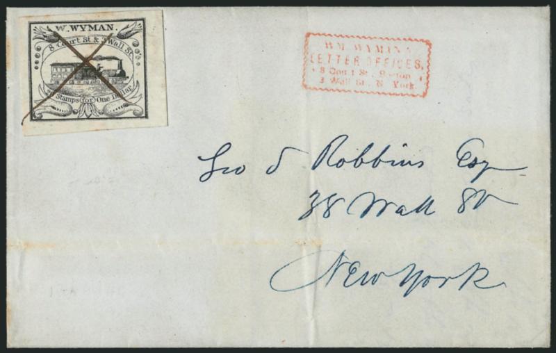 W. Wyman, Boston Mass., 5c Black (149L1).> Large to huge margins, tied by ms. X on Dec. 10, 1844 blue folded letter from Boston to Geo. S. Robbins in New York City, red Wymans handstamp<><>^FRESH AND EXTREMELY
FINE. A SUPERB EXAMPLE OF THE RARE