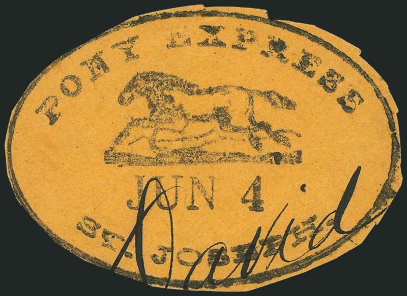 Pony Express, St. Joseph, Jun. 4 Running Pony Oval.> Neat strike with part of addressee on cut-to-shape piece of buff cover from East-to-West trip, Fine, a nice collateral item for a Pony Express or Western
collection