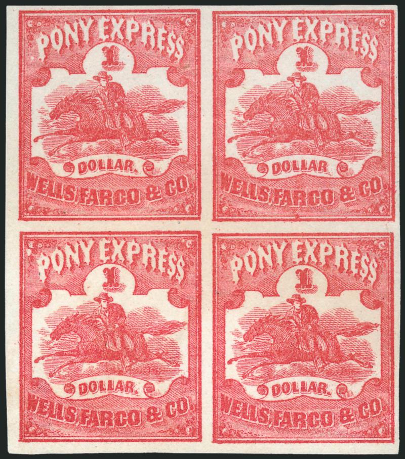Wells, Fargo & Co. Pony Express, $1.00 Red (143L3).> Block of four, unused (no gum), full to large margins, Very Fine-Extremely Fine