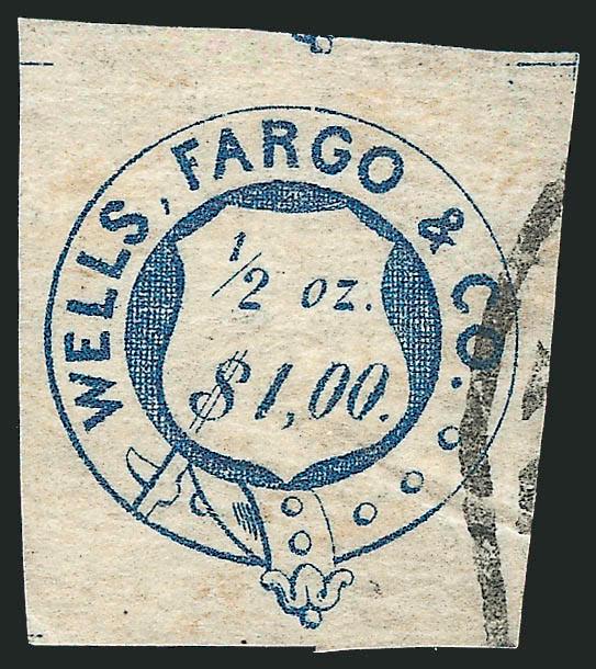 Wells, Fargo & Co., $1.00 Blue (143L6).> Full to large margins showing trace of adjacent stamp at top, trace of circular datestamp at right, small crease not mentioned on accompanying certificate, otherwise
Extremely Fine, with 1985 P.F. certificate