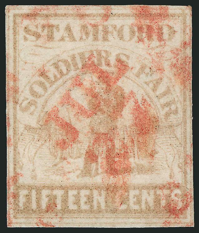 Soldiers Fair, Stamford Conn., 15c Pale Brown (WV15).> Large even margins, bold part strike of red Stamford Ct. Jul. 27 (1864) circular datestamp<><>^EXTREMELY FINE. THIS IS THE FINEST OF ONLY FOUR RECORDED
USED EXAMPLES OF THE STAMFORD SOLDIERS