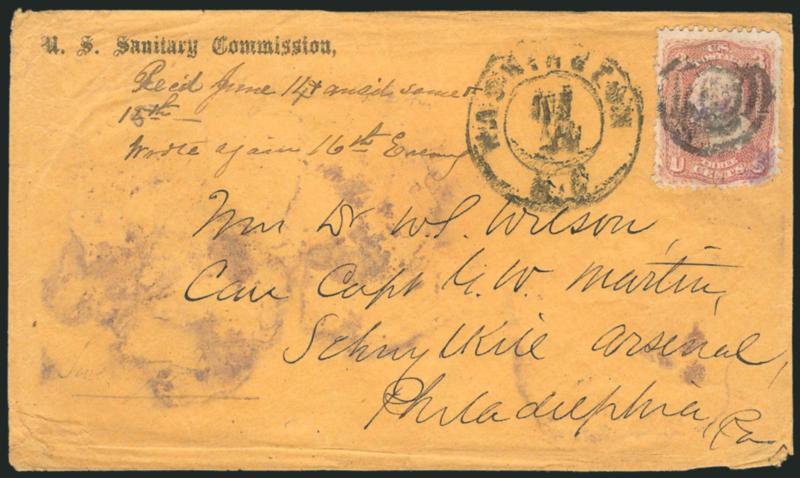 U.S. Sanitary Commission Covers.> Three covers with either U.S. Sanitary Commission (1) or U.S. Christian Commission (2) imprints, two with 3c Rose (65), stampless last was forwarded, mixed condition, still
Fine-Very Fine group