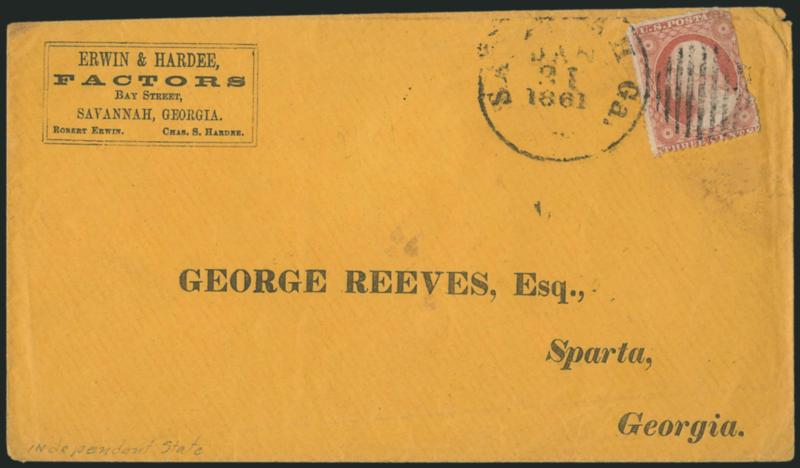 Savannah Ga. Jan. 21, 1861.> Circular datestamp ties 3c Dull Red, Ty. III (26), defective, on orange cover with printed address to Sparta Ga., also with printed corner card, Fine appearance, scarce Independent
State usage just three days after the or