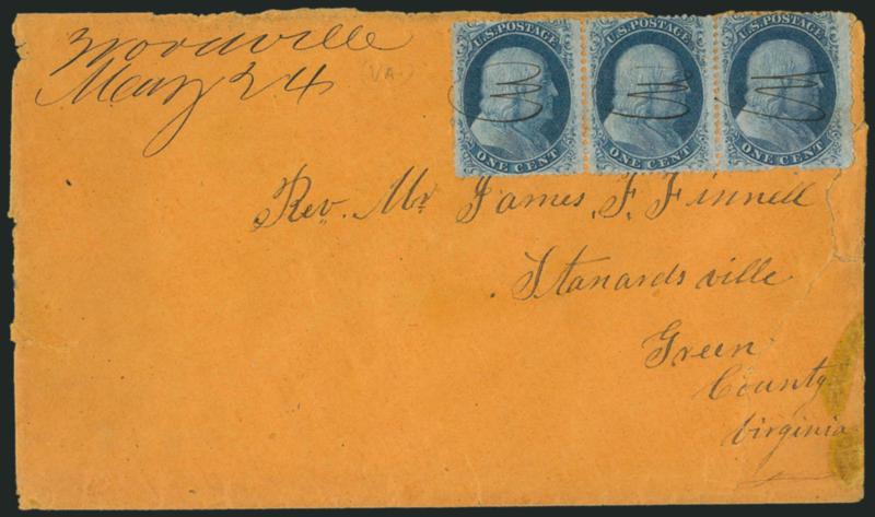 1c Blue, Ty. V (24).> Strip of three, tied by ms. cancels, matching <Woodville (Va.) May 24 (1861)> postmark on buff cover to Stanardsville Va., original contents datelined <<May 23rd 1861>>, cover defective
with approx. half the back missing, rig