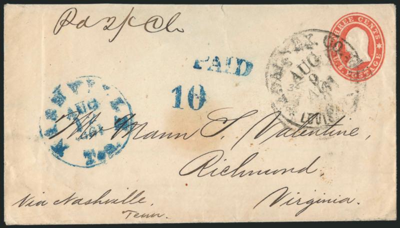 Adams Ex. Co. * Louisville Ky. * Aug. 9, 1861.> Circular datestamp cancels <U.S. 3c Red Star Die entire (U26)> to Richmond Va., blue Nashville Ten. Aug. 12, 1861 circular datestamp with matching Paid and 10
handstamps (over 500 miles), ms. Pd.