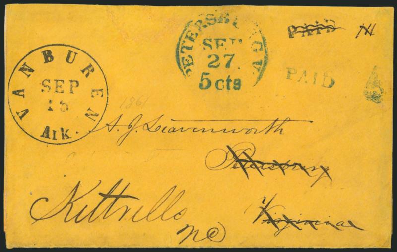 Van Buren Ark. Sep. 16.> Clear strike of circular datestamp with Paid handstamp on orange cover to Petersburg Va. and <forwarded> to Kittrell N.C., blue Petersburg Va. 5cts. Sep. 27 forwarding datestamp with
matching Paid and 5, reduced and r