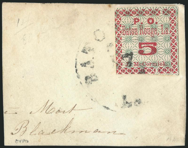 Baton Rouge La., 5c Green & Carmine (11X2).> Margins virtually all around,  tied by Baton Rouge La. circular datestamp on piece from the Mort correspondence, stamp lifted and reaffixed, Fine, with 2006 P.F.
certificate