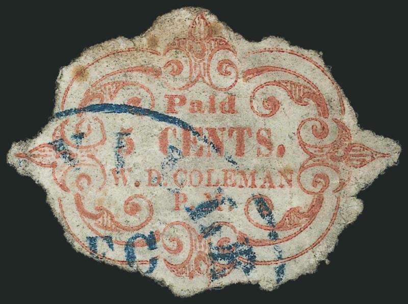Danville Va., 5c Red on Wove (21X1).> Cut to shape, blue Dec. Danville circular datestamp cancel, faults incl. bit heavy creases<><>^A FINE APPEARING AND EXTREMELY RARE CONFEDERATE PROVISIONAL RARITY. ONLY
NINE EXAMPLES OF THE DANVILLE ADHESIVE A