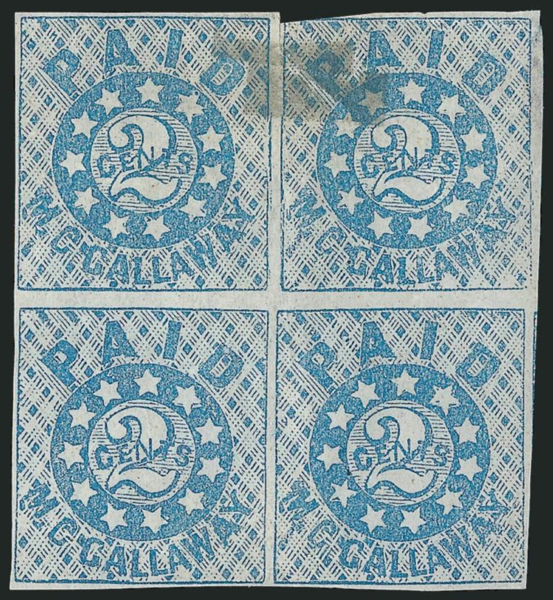 Memphis Tenn., 2c Blue, 5c Red (56X1-56X2).> Former block of four, latter horizontal pair with left sheet margin, unused (no gum), margins virtually all around, 2c with hinge stain, 5c with light crease just
clear of design at left, otherwise Fine lo