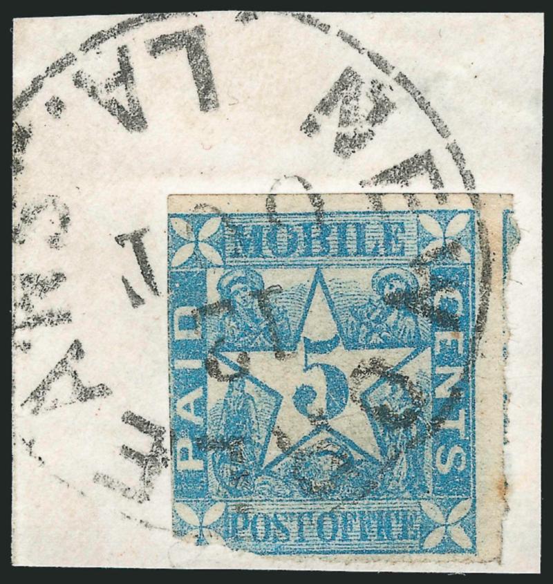 Mobile Ala., 5c Blue (58X2).> Tied by <New Orleans La. 12 Oct.> circular datestamp on piece, clipped corner bottom left, large top and right margins with bit of adjoining stamp at right, about Fine, desirable
with the full New Orleans strike, carri