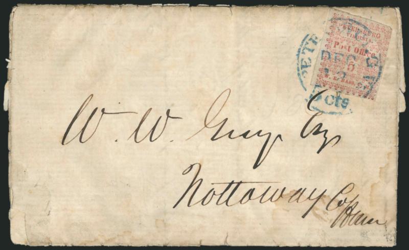 Petersburg Va., 5c Red (65X1).> Large margins to clear at upper right, tied by blue Petersburg Va. 5 cts. Dec. 12 integral-rate circular datestamp on part-printed 1861 account statement to Nottoway C.H. Va.,
some splitting and faults along folds, a