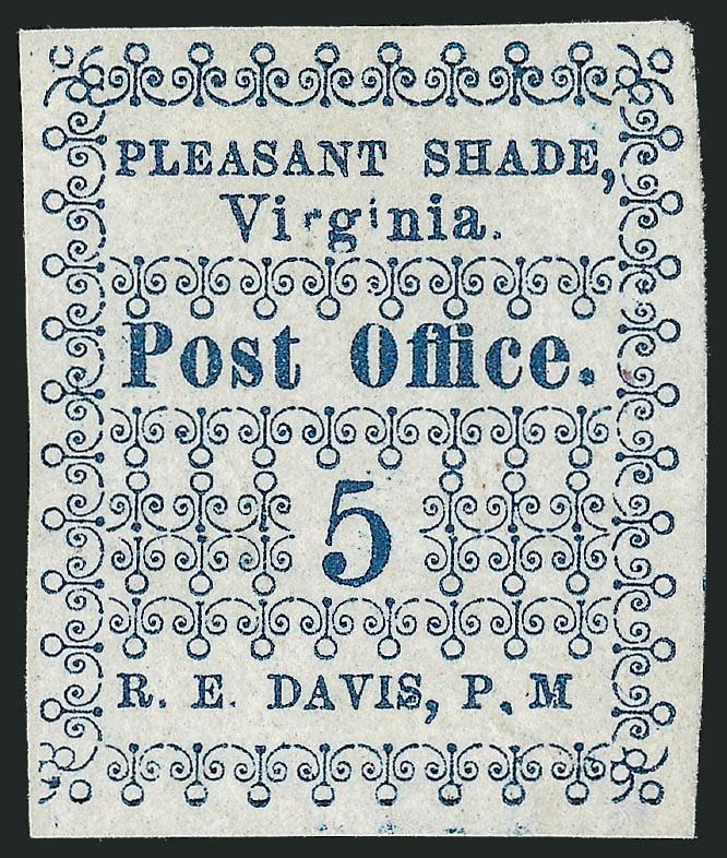 Pleasant Shade Va., 5c Blue (67X1).> Unused (no gum), ample to huge margins, wonderfully fresh on bright white paper, light vertical crease at right<><>^VERY FINE AND CHOICE APPEARING EXAMPLE OF THIS EXTREMELY
RARE CONFEDERATE POSTMASTERS PROVISIO