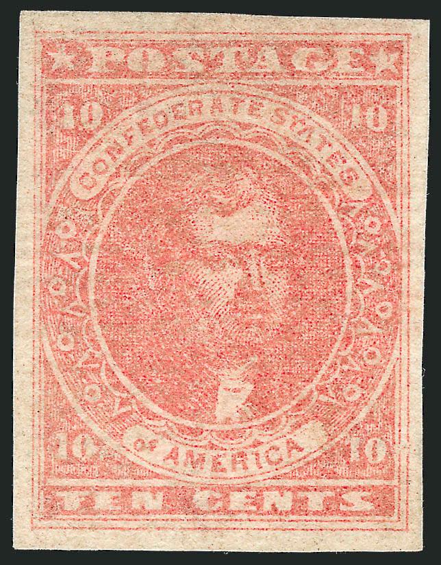 10c Rose (5).> Unused (no gum), full margins all around, pastel color, tiny filled thin spot, Extremely Fine appearance