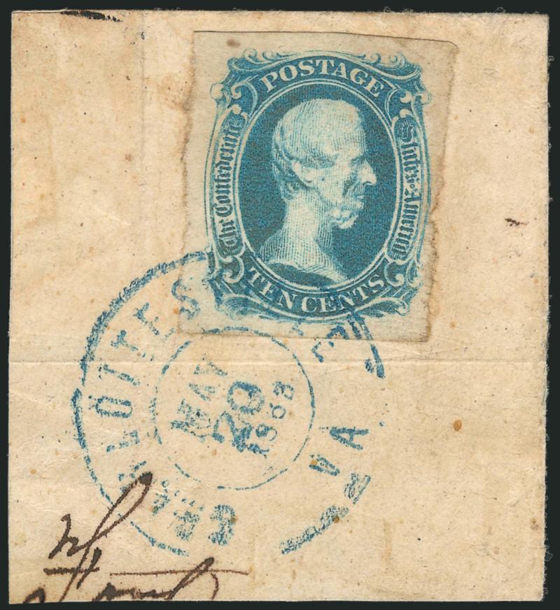 10c Blue, TEN (9).> Margins essentially all around, mostly large to huge, rich color, tied by <blue> Charlottesville Va. May 20, 1863 double-circle datestamp, mild corner margin crease top right, otherwise
Very Fine