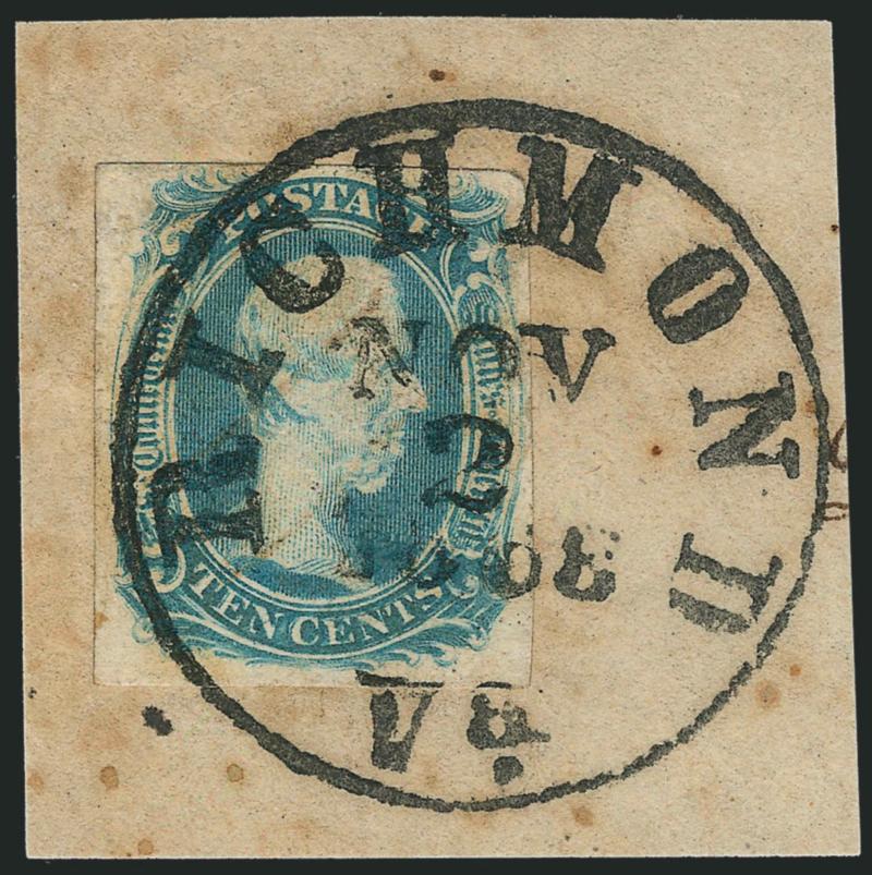 10c Blue, TEN (9).> Large margins to clear, showing <double transfer in the lower tablet,> tied by perfect strike of Richmond Va. Nov. 2, 1868 circular datestamp on small piece, the piece with toned spots not
mentioned on accompanying certificate