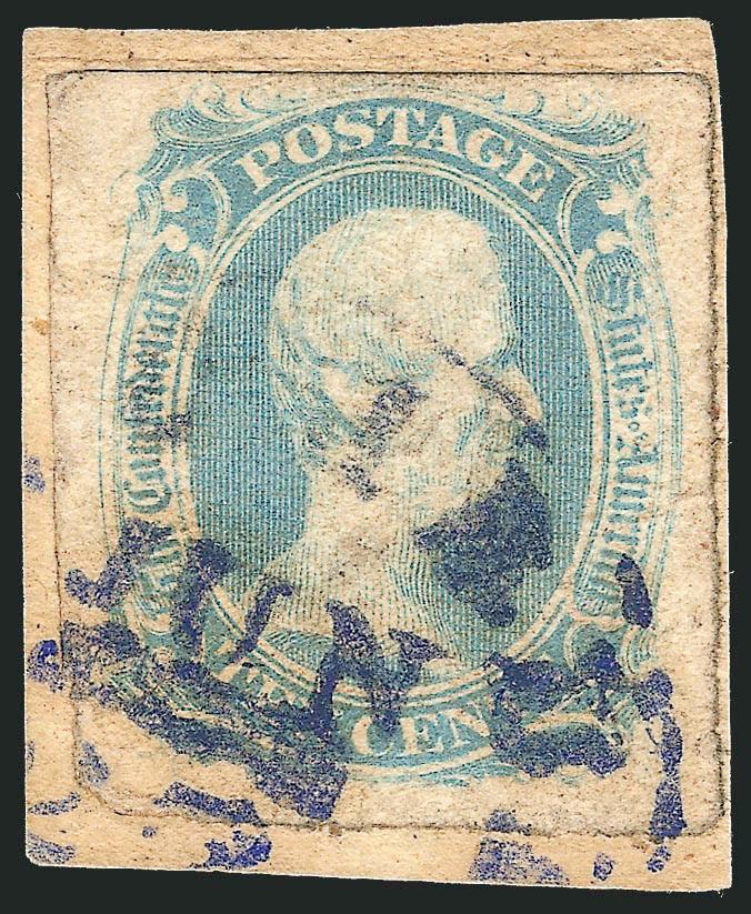 10c Milky Blue, TEN (9a).> Ample to huge margins, tied by <ultramarine> Lynchburg Va. circular datestamp on small piece, Very Fine, with 1991 C.S.A. certificate as blue cancel which in our opinion it is not,
ultramarine unlisted, violet listed bu