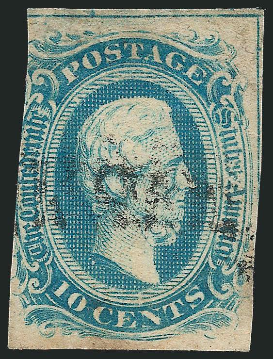 10c Blue, Frameline (10).> Full frameline at top and part of frameline at right, margin in at left, bright color, light strike of small <Jackson> (Miss.) straightline handstamp, tiny thin at top left and light
stain at bottom, otherwise Fine, with