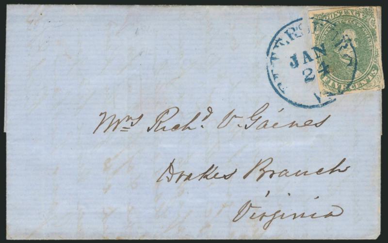 5c Green, Stone 2 (1).> Ample margins to just touched, small flaws from placement over edge, tied by blue Petersburg Va. Jan. 24 circular datestamp on blue 1862 folded letter to Drakes Branch Va., Fine, with
genealogical information on the soldier
