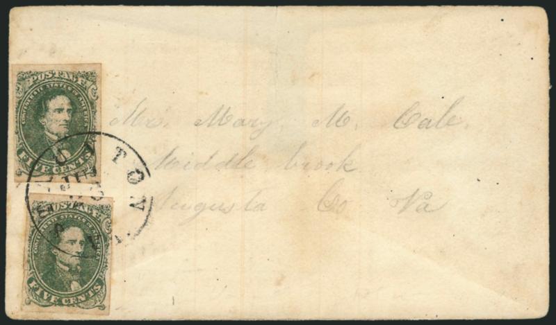 5c Olive Green, Stone A-B (1c).> Two, clear to huge margins, tied by Staunton Va. Jul. 26 circular datestamp on adversity cover to Middlebrook Va., missing top flap, Very Fine, Scott Retail as singles