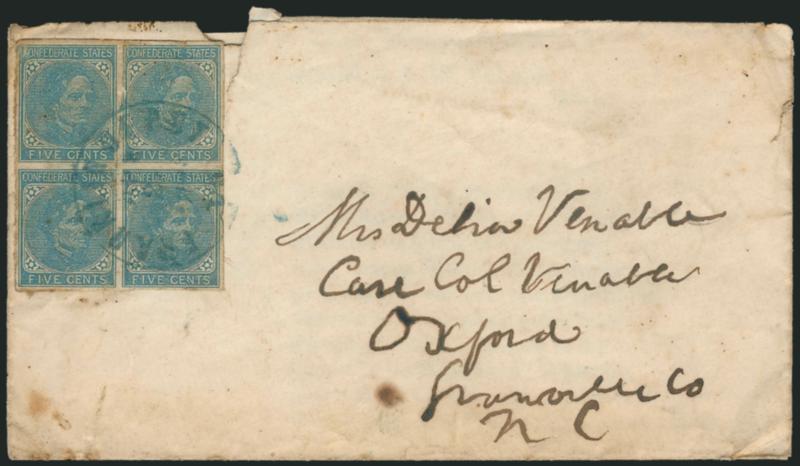 5c Blue, Local (7).> Block of four, tied by blue Va. town datestamp on cover to Oxford N.C., a bit tattered but still a scarce block on cover, includes biography information on A.W. Venable who was a U.S. and
then a C.S.A. Congressman