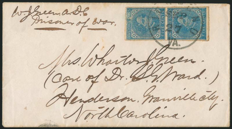 5c Blue, Local (7).> Vertical pair, tied by Richmond Va. Sep. 27 circular datestamp on unsealed cover to Henderson N.C., endorsed <<W.J. Green A.D.C., Prisoner of War>> at upper left, with original 1864-dated
contents, top stamp small tear at top