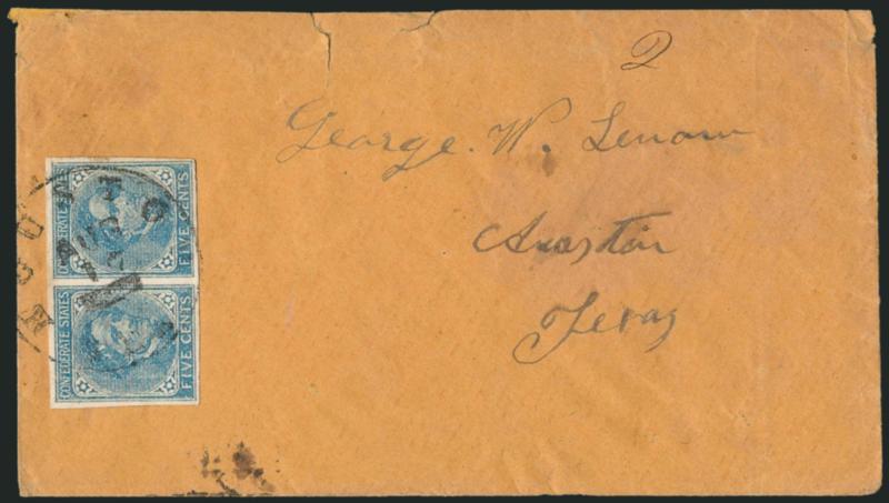 5c Blue, Local (7).> Two pairs on separate covers, each with large margins, Chapell Hill Tex. and Houston Tex. datestamps each tie, first is turned with hand-carried address but with fraudulent 20c bisect tied
by ultramarine pencil (easily erasable